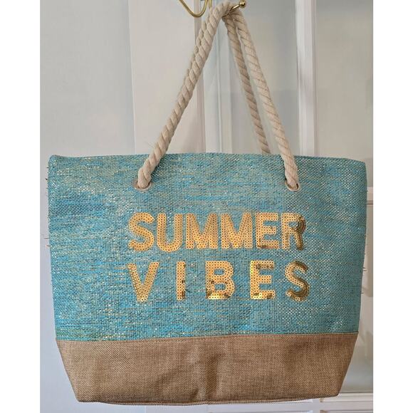 Beach Bag Summer Vibes Metallic Turquois Canvas Tote Sequin Vacation - Picture 2 of 7